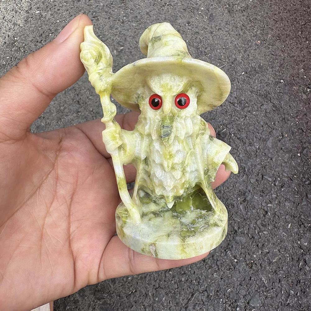 Custom Cauliflower Jade Wizard Figurine, 9cm Gemstone Fantasy Wizard Statue Tabletop Decor for Healing and Spiritual Protection