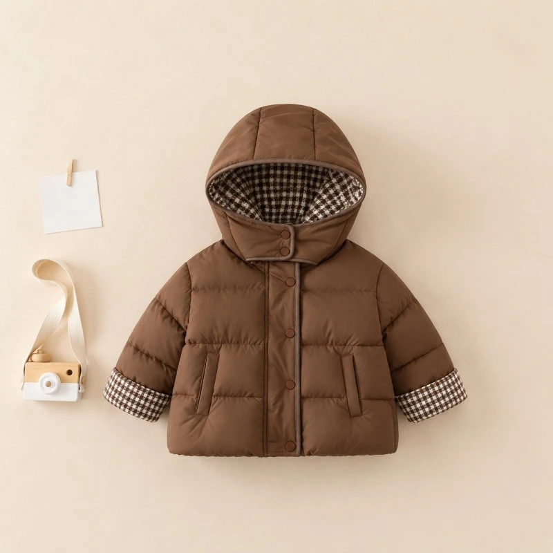 2026 New Winter Hot Selling Children's Trendy Coffee Color Spliced Plaid Hooded Simple Cotton Jacket