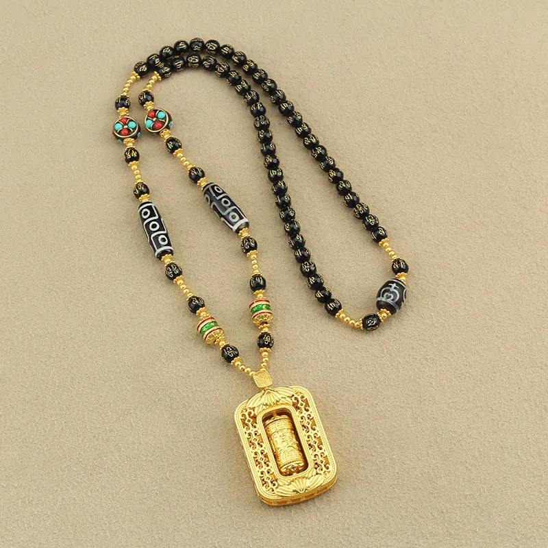 Sand Gold Farbe Anhänger Sechs Charakter Sprichwörter Achat Tianzhu Tangka Halsketten Männer Frauen High-End Lange Halskette Mode Schmuck – Detail 2