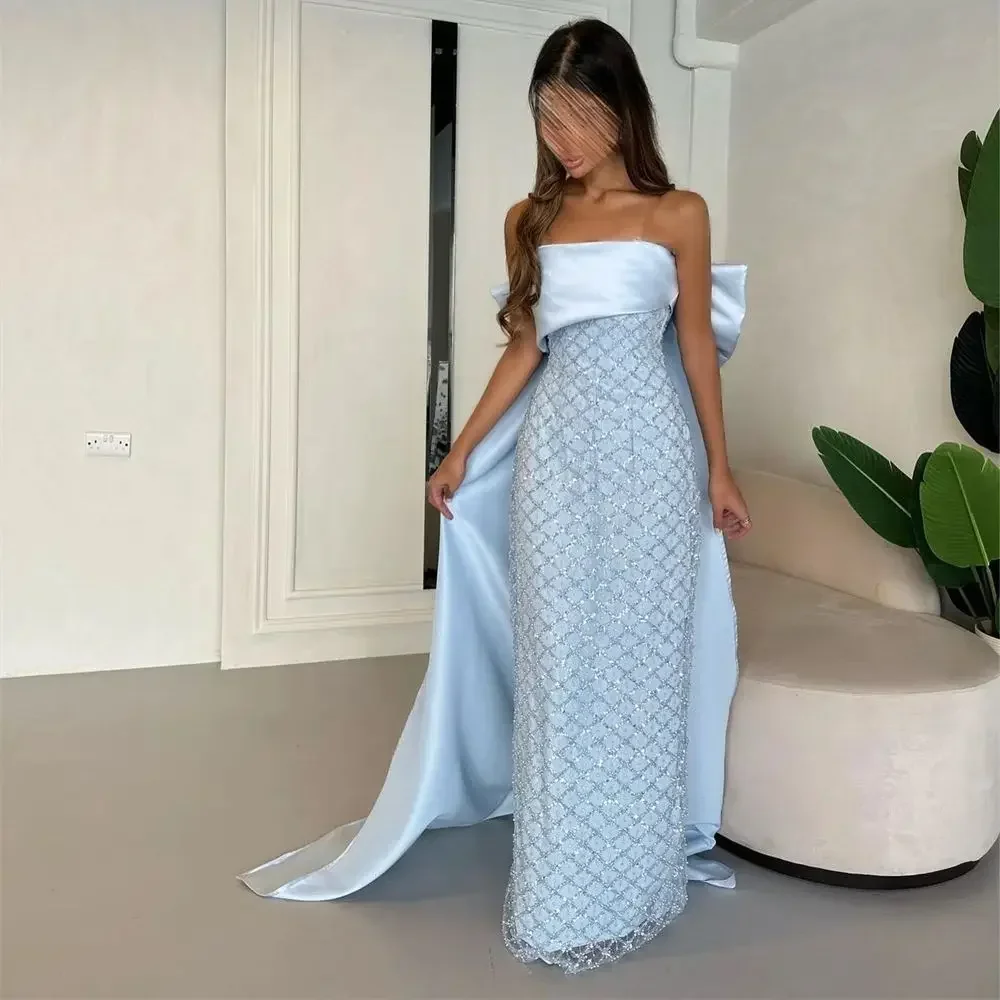 

Prom Dresses Fashion Elegant Strapless Sheath Party Dress Floor Length Court Sleeveless Bows Satin Formal Evening Gowns Summer