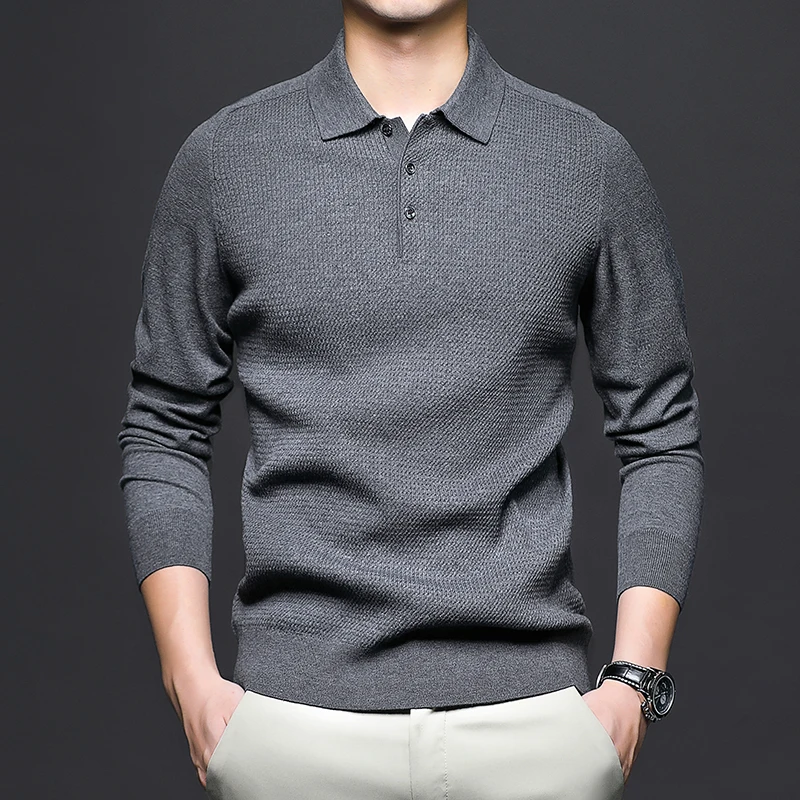 Lapel 25 spring new t-shirt men's sweater long-sleeved business polo shirt solid color knitted bottoming shirt