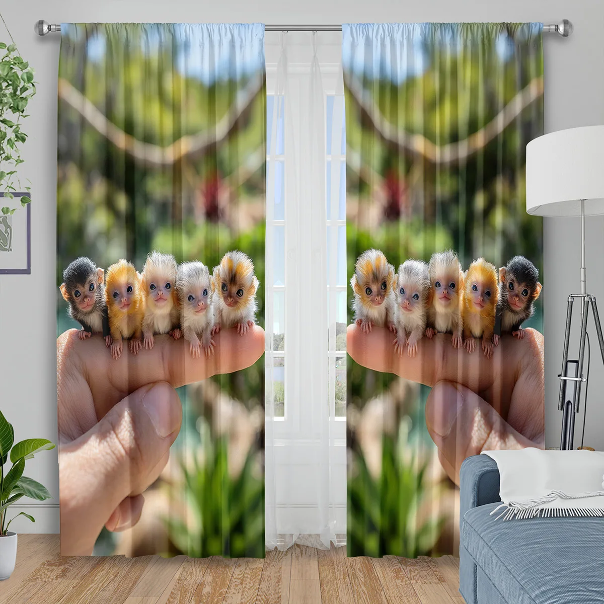 Cute Baby Monkey Finger Curtains, Tiny Primate Print Drapes, Adorable Animal Nursery Kids Room Window Treatment Decor