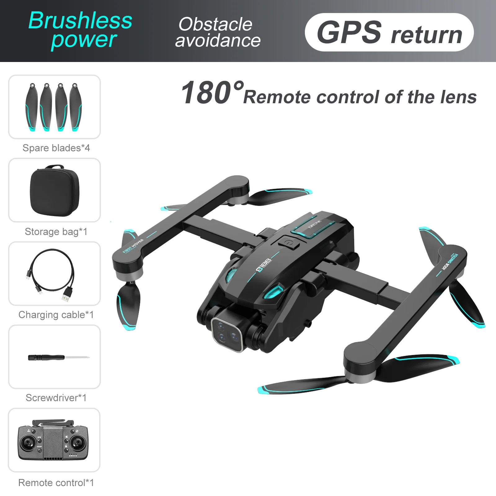 S188 Quadcopter equipped with GPS positioning, low battery and loss of control automatic return, 360° obstacle avoidance.