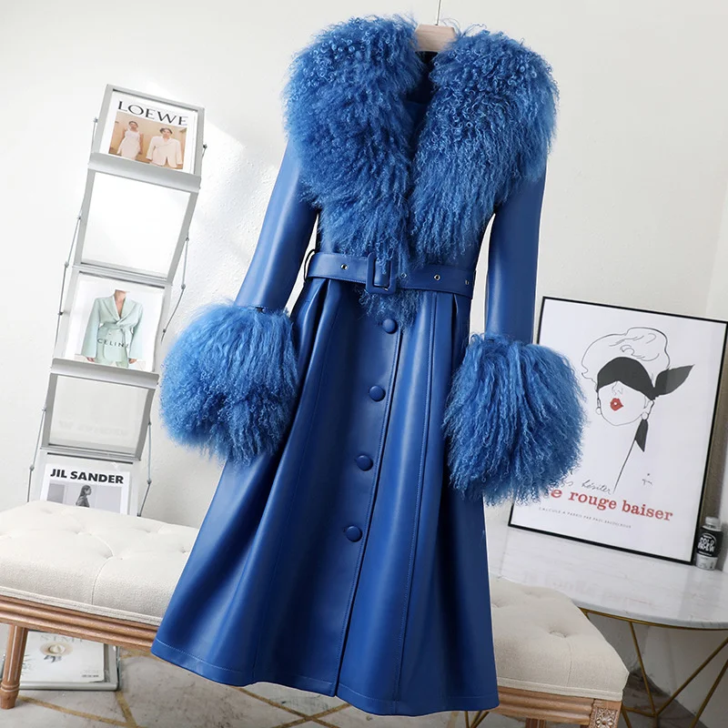 2024  New Genuine Leather Coat Beach Wool Blue Sheepskin Leather Coat Women's Long Style Slim Fit Coat