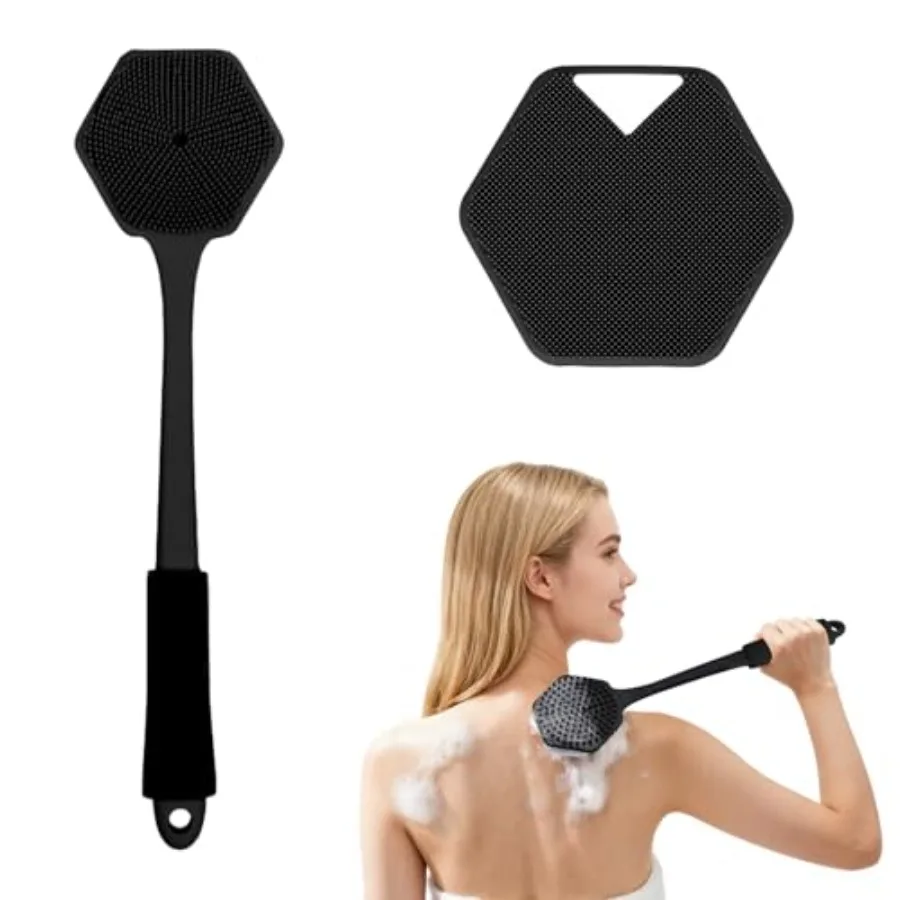 

Щетка для спины для душа - Длинная щетка для ванны 15 дюймов с двусторонними силиконовыми щетинками и массажными шариками, силиконовая щетка для тела