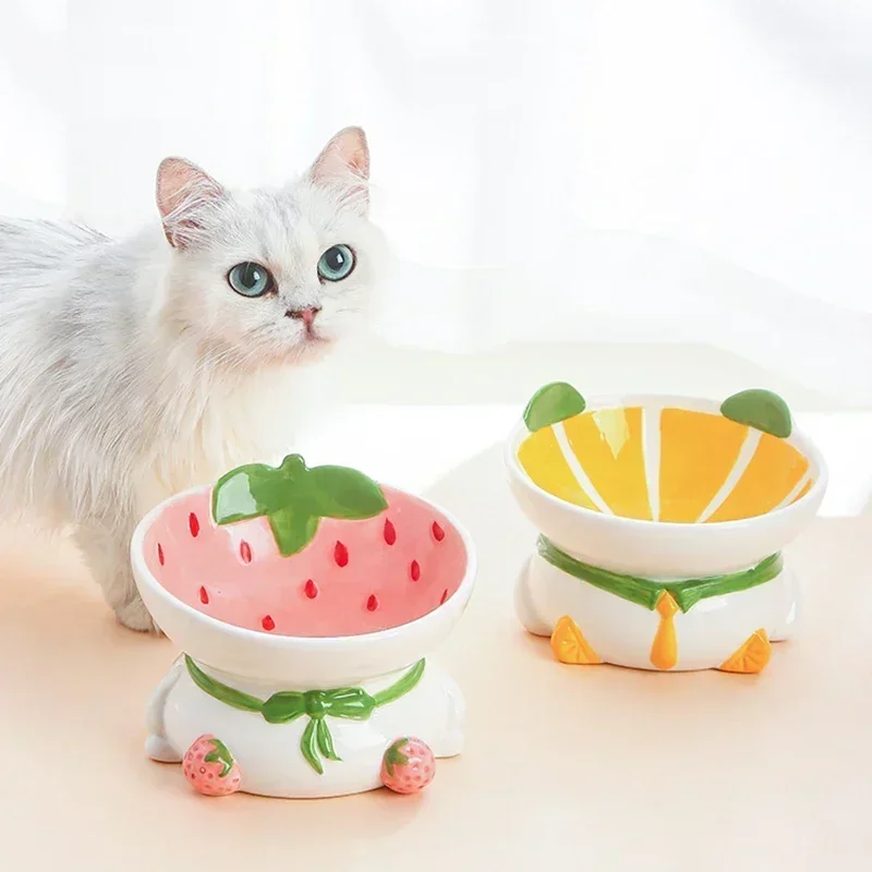 Cat Ceramic Bowl Small Dogs Non-slip Elevated Tilted Food Water Feeders Cute Fruit Shape Pet Feeding Supplies