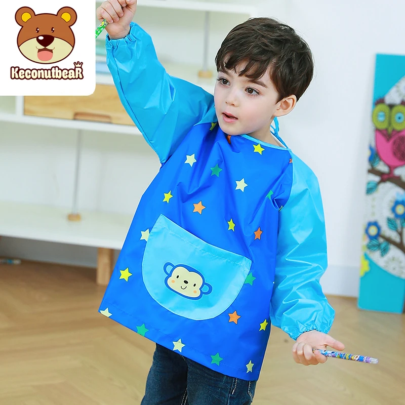 Children Waterproof Long Sleeve Art Smock Apron 2022 New Cartoon Monkey Kids Clothing Girls Boys Painting Aprons Baby Food Bibs