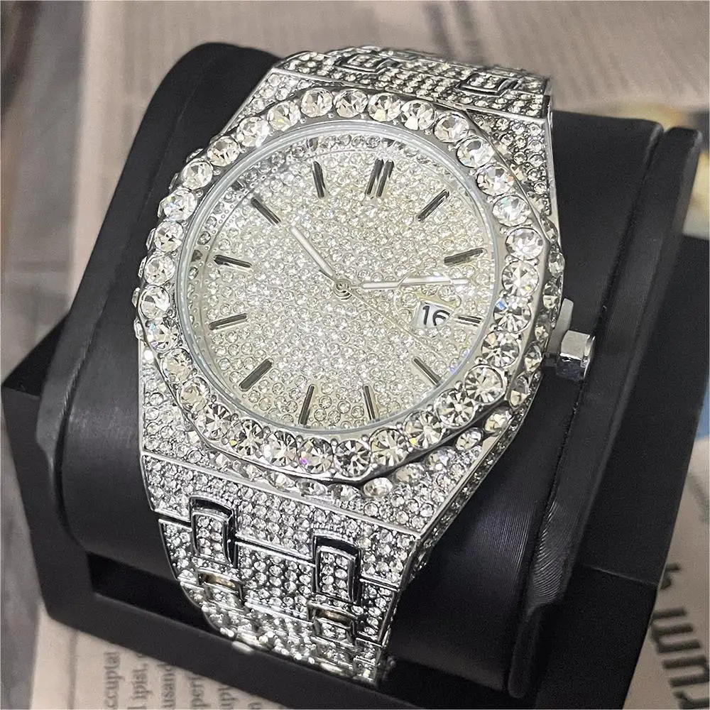 Luxury Fashion Iced Watch Men Automatic Date Stainless Steel Quartz Clock Hip Hop Full Diamond Bling Jewelry Wristwatch Man 2023