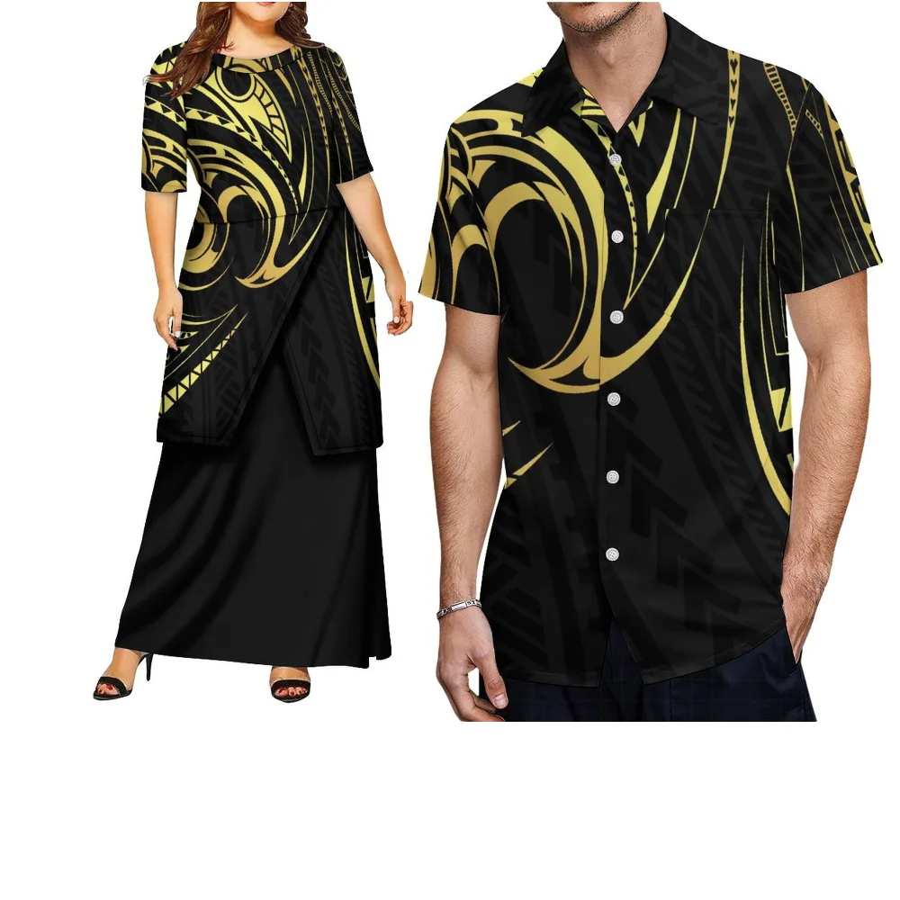 فستان أنيق برقبة دائرية وأكمام قصيرة فستان Puletasi للنساء قميص غير رسمي للرجال ملابس صيفية مخصصة للزوجين