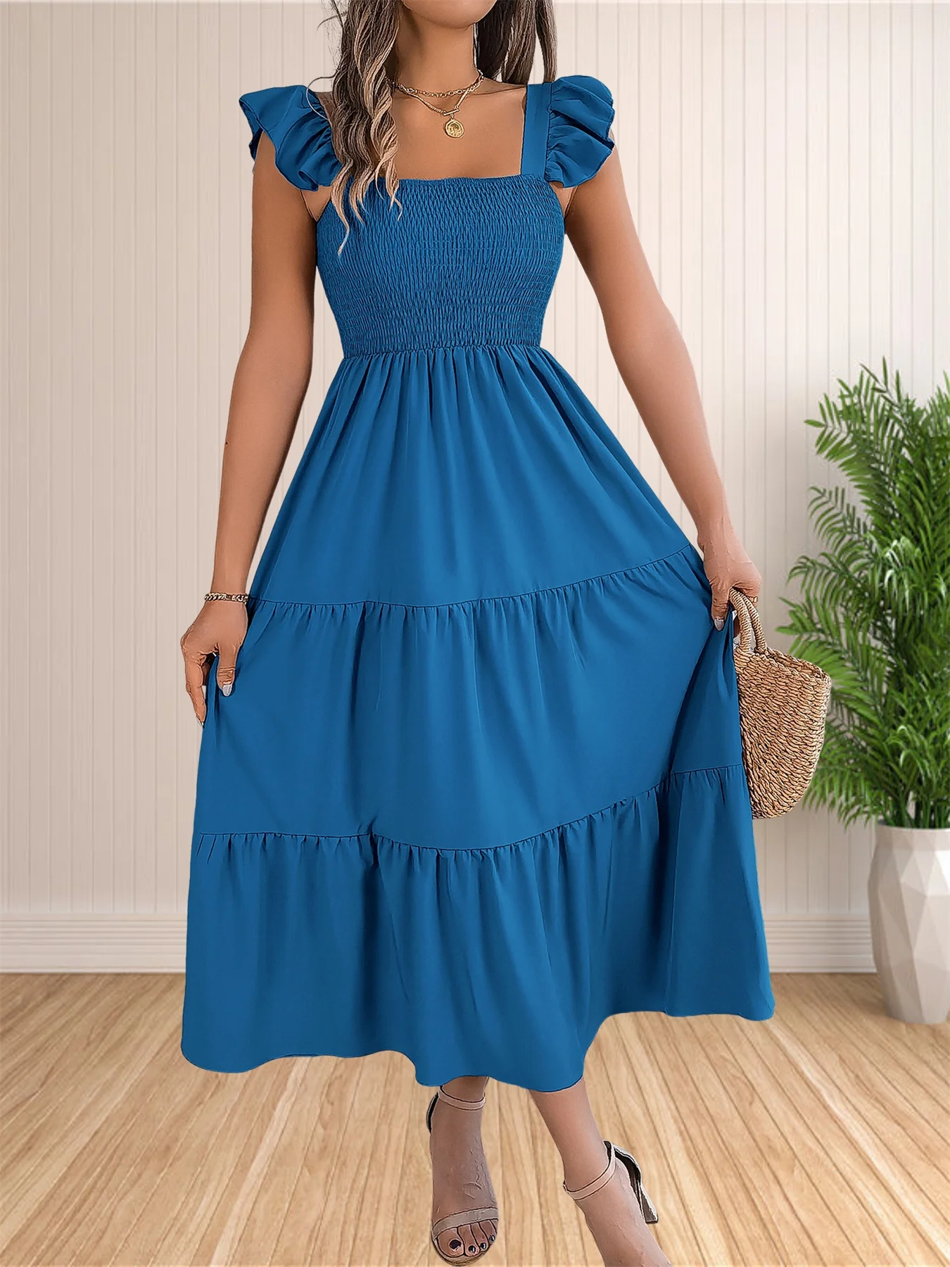 Robe longue à imprimé floral pour femmes, style bohème, décontractée, bretelles spaghetti, col carré, maxi, plage, soleil, été