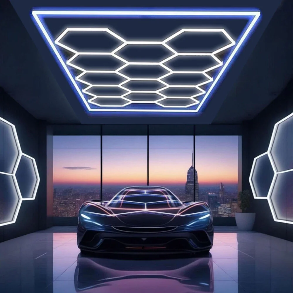 LED Hexagonale plafondlamp Frame/RGB LED Garageverlichting 6500K voor Garage, Kapsalon, Autodetailhandel