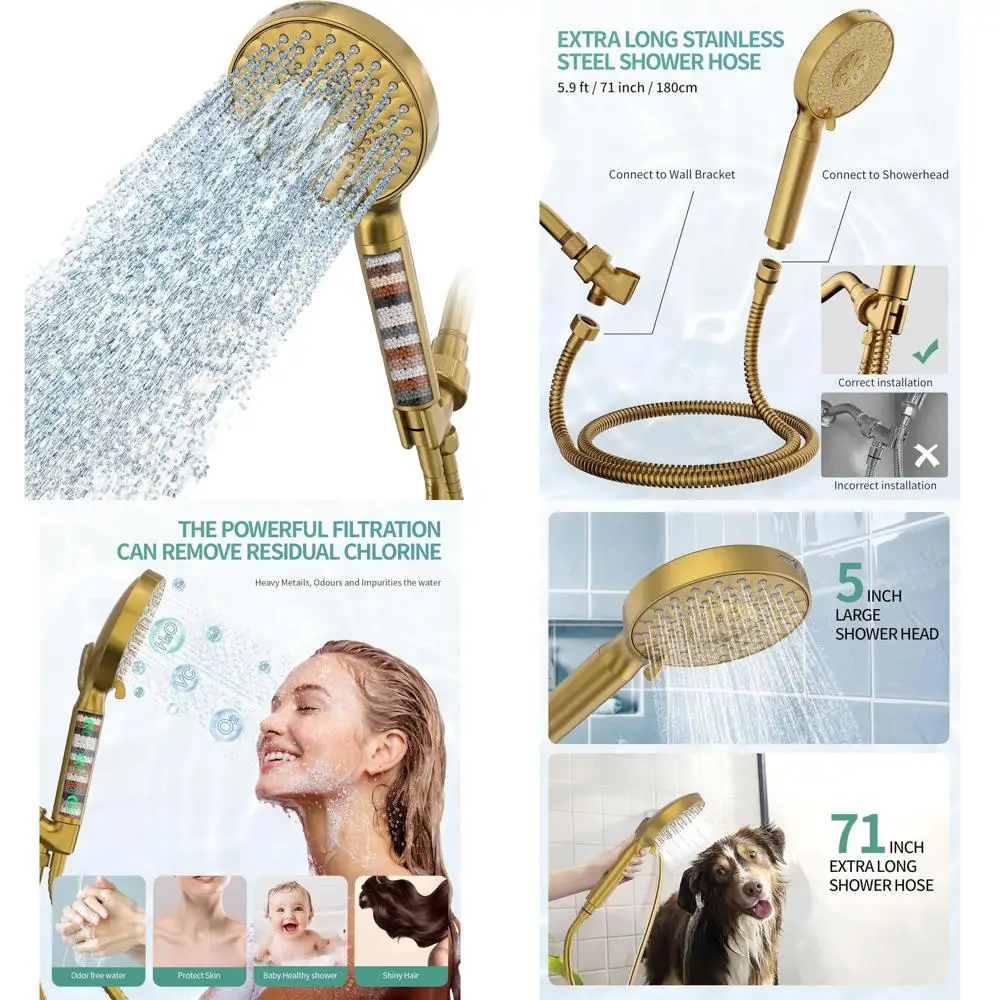 

Высоконапорный съемный душевой фильтр с 9 режимами распыления и ручной лейкой, удаляет хлор и смягчает жесткую воду, отделка из матового золота
