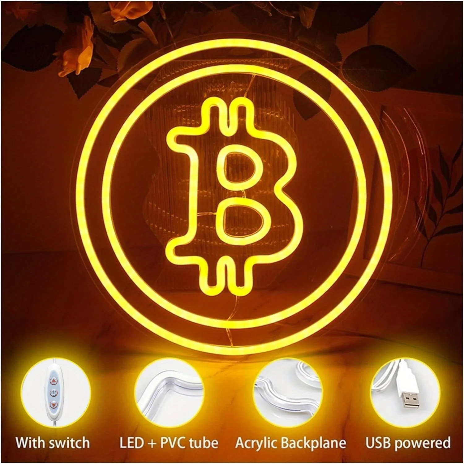 Bitcoin-Shaped Neon Signs, Bitcoin-Themed Neon Signs, Yellow LED Lights for Bedrooms, Homes, Offices, and Bars