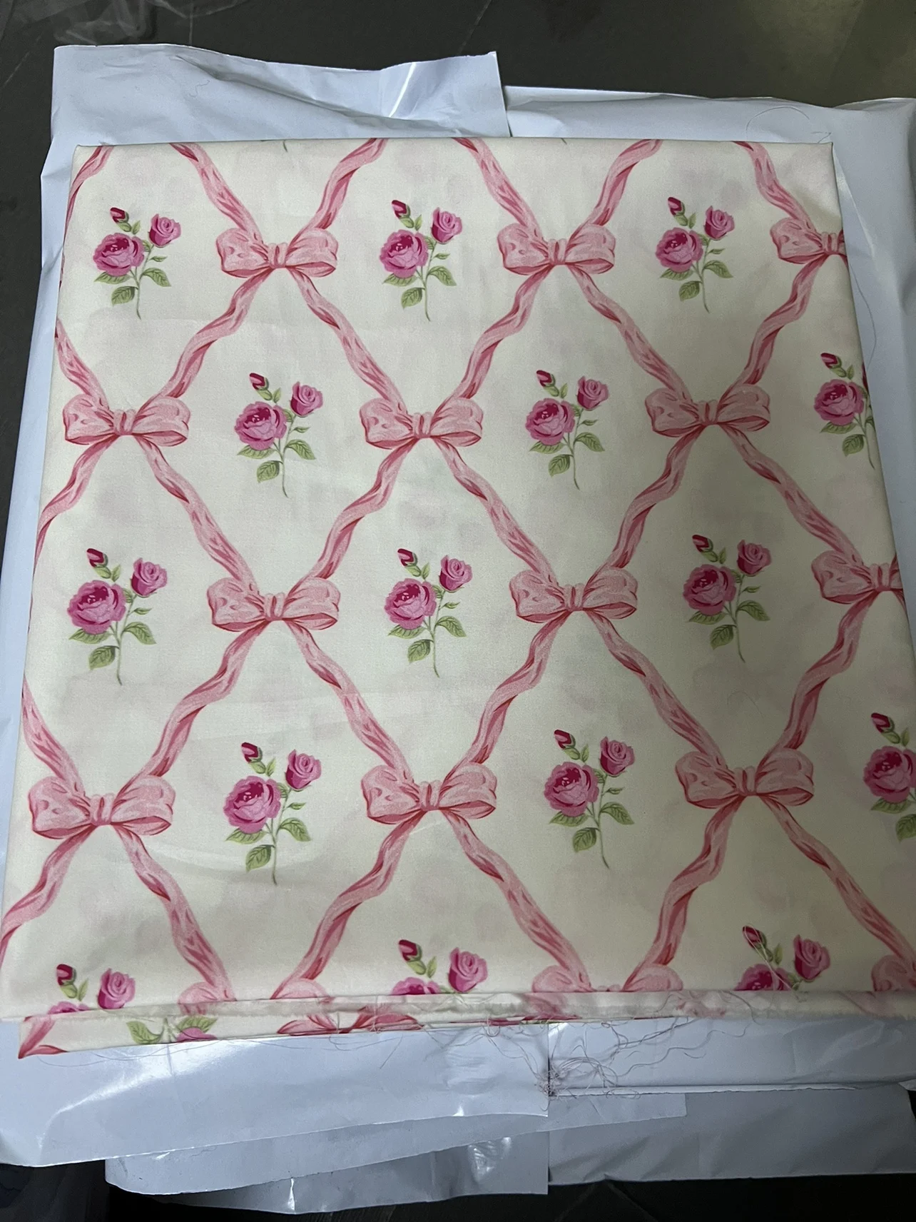 140x50cm 60s Single-Cotton Blue Pink Fabric with Digital Silk Ribbon and Rose for Handmade DIY Dress Shirt Sewing Cloth