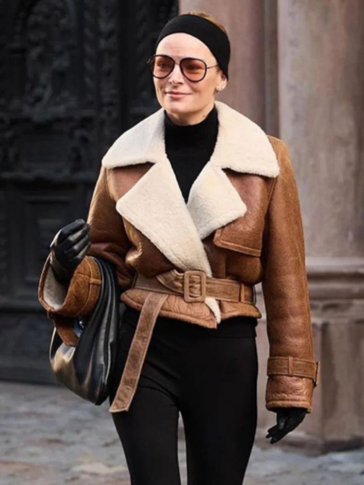 

Women Casual Fur Leather Belt Jackets Fashion Long Sleeved Solid Vintage Coats 2024 New Lady Autumn Winter Warm Street Outerwear