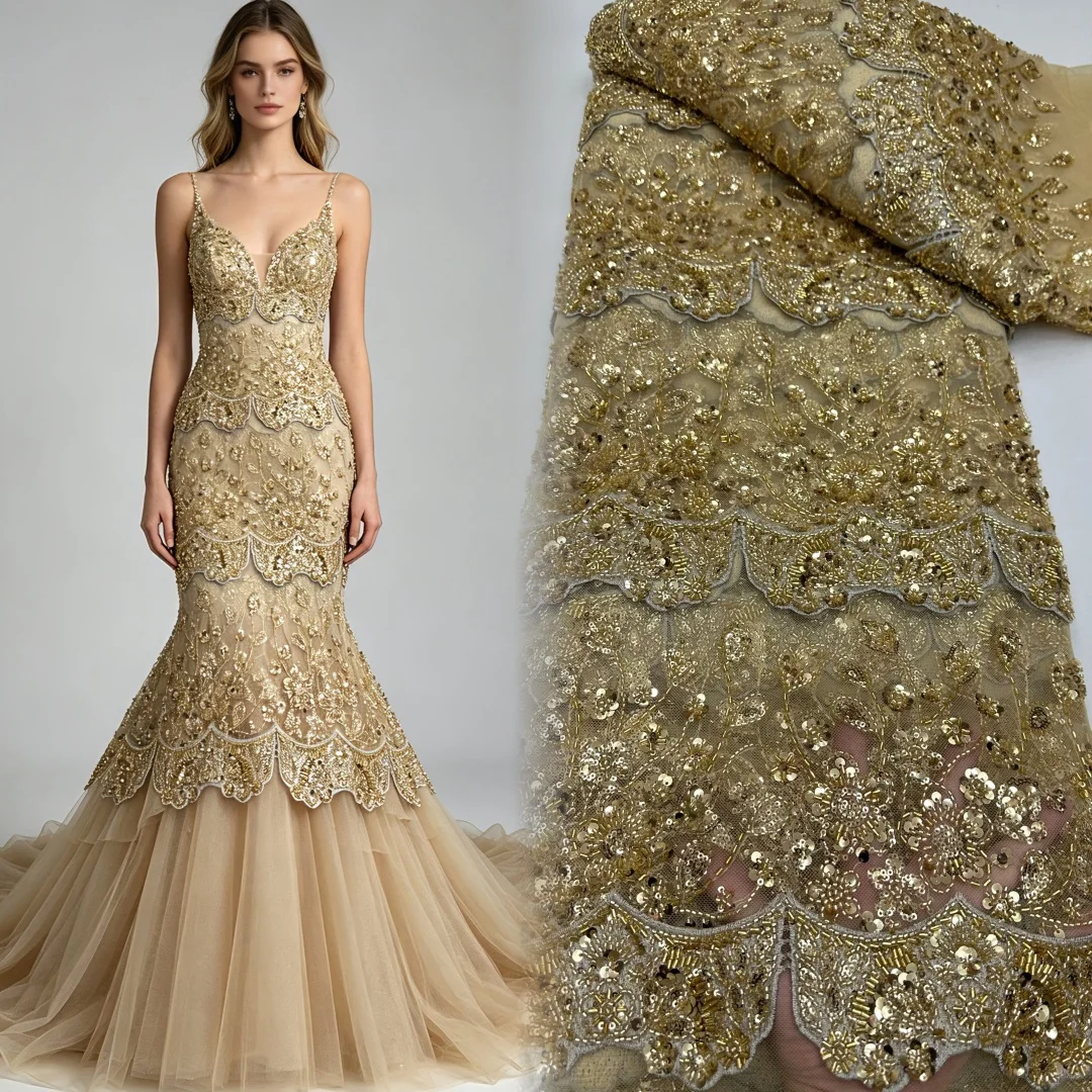 

Luxurious Nigerian Handmade Beaded Lace Fabric High Quality Sequins Beaded Embroidery African French Lace Fabric For Dress Sew