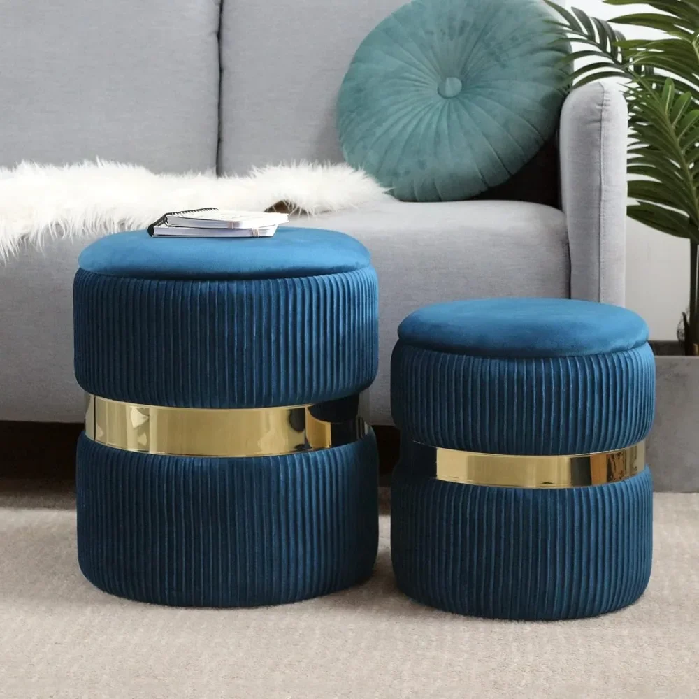 

Velvet Ottoman with Storage Bule for Living Room,Storage for Footstool Livingroom,Gold,Vanity Chair for Bedroom,Set of 2