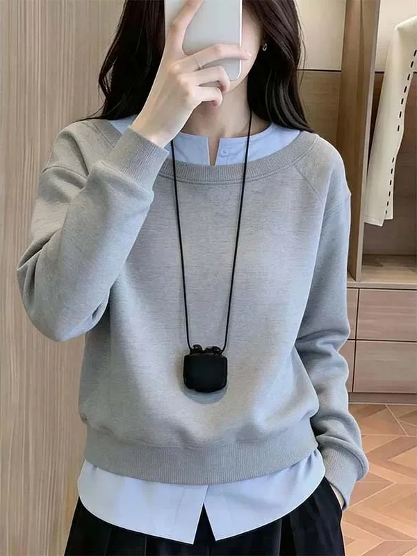 Loose Fit Color Block Long Sleeve Hoodie Women's Fashionable Slimming Top Trendy Korean Style Grey Gradient Design Sweatshirt