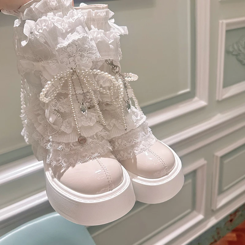 Japanese Sweet Lolita Pearl Lace Lacquer Leather White Short Boots Sweet Retro High Heels Thick Bottom Women's Shoes