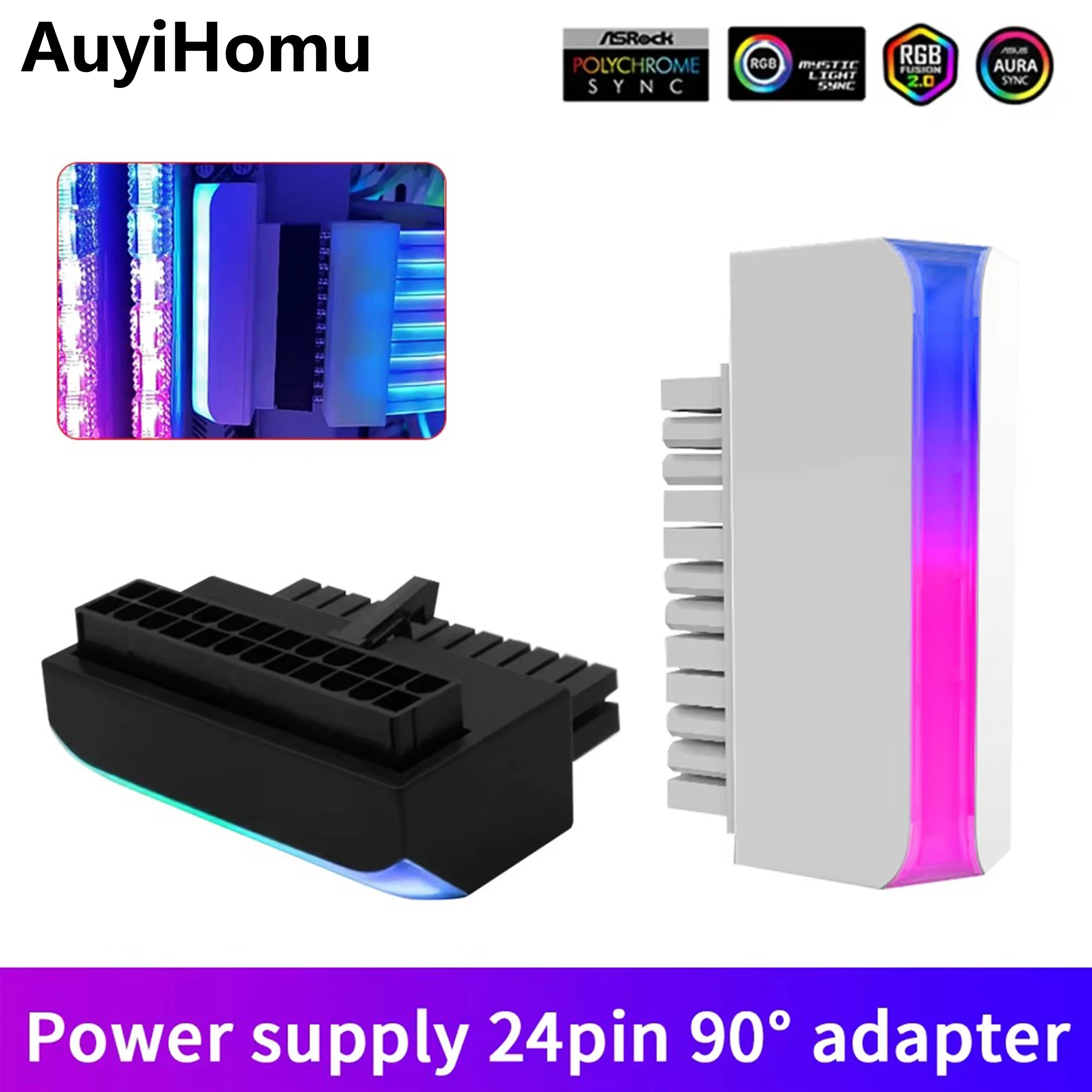 AuyiHomu 24Pin ATX Power Supply 90° Adapter RGB Sync Motherboard Power Connector for PC Case Modding