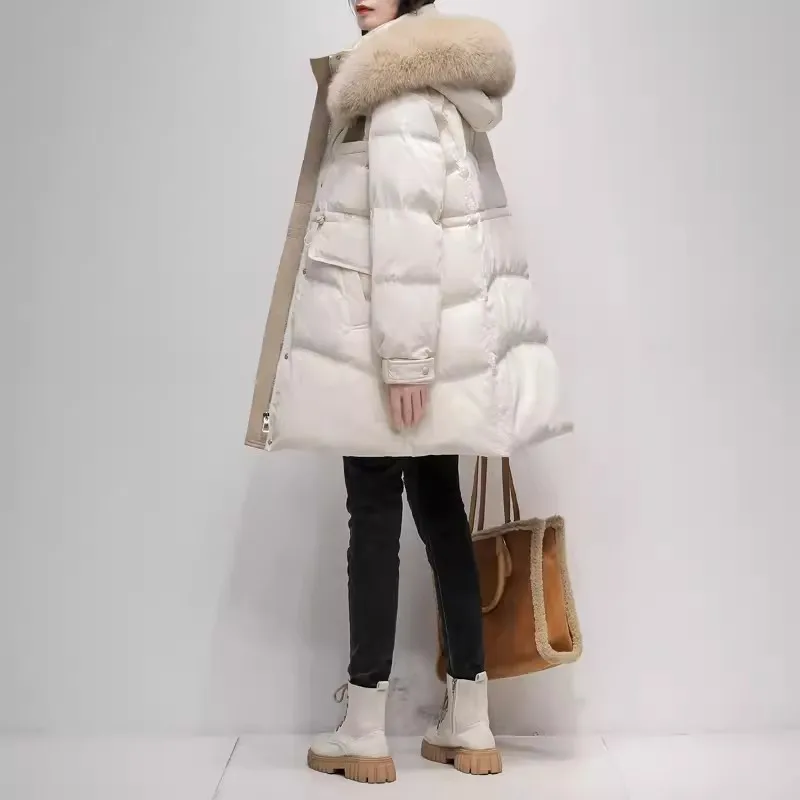 Winter Natural Fox Collar Hooded Down Jacket 2024 New Korean Fashion White Duck Down Thicken Coat Warm Female Parkas Overcoat