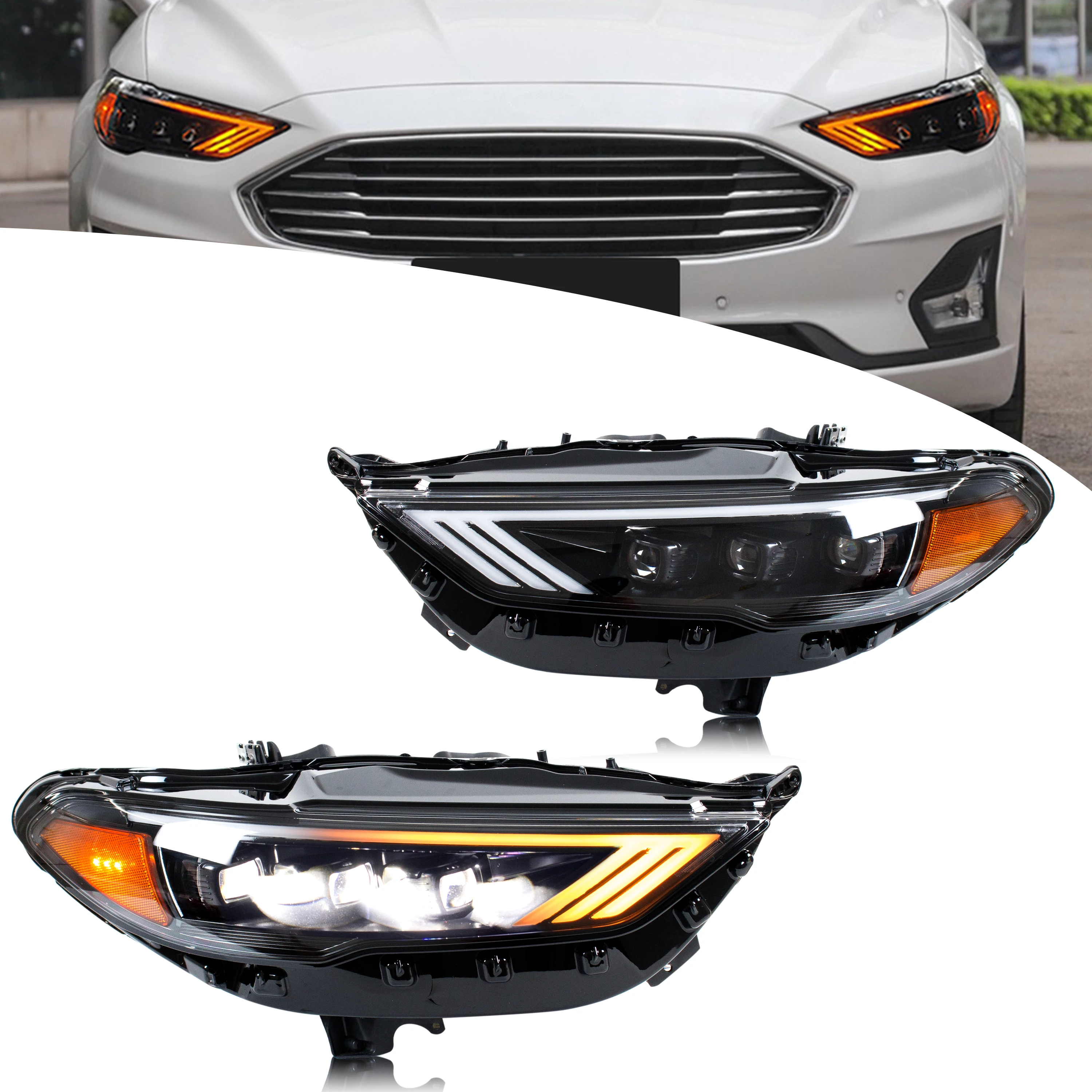 

LED Headlights for Ford Fusion 2017-2020 S SE Titanium Sport DRL Projector Sequential Turn Signal Pair Front Lamps Assembly