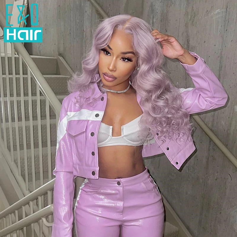 Light Purple Colored Natural Body Wave13x4 Transparent Lace Front Human Hair Wig For Black Woman Brazilian Remy Frontal Wigs