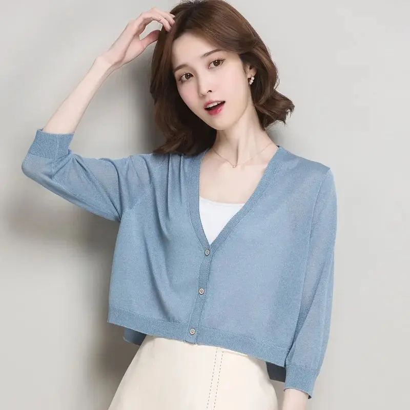 Single Breasted Cardigans Women Three Quarter Sleeve Sheer Summer New Female Clothing Sunscreen All-match Solid Simple Fashion