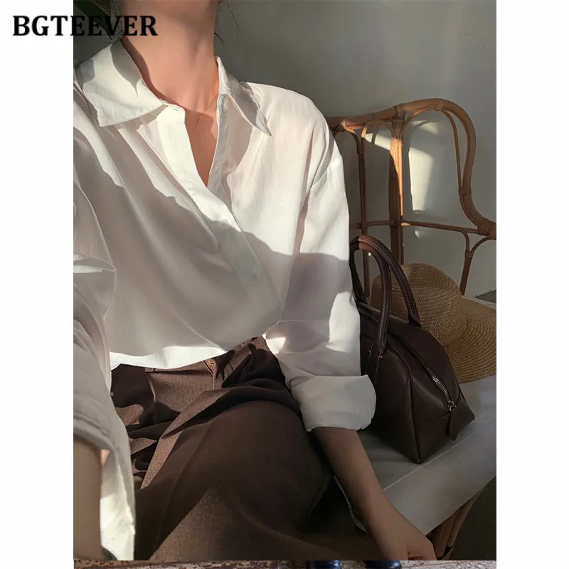 BGTEEVER Casual Lapel Single-breasted Women Shirts Autumn Long Sleeve Loose Female Solid Blouses Elegant Wome