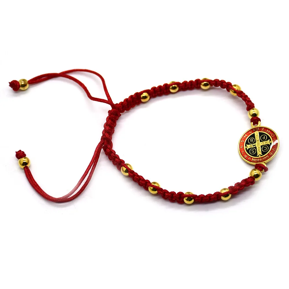 Pulseras de cuentas de aceite con goteo de Cruz de San Benito para hombres y mujeres, nudo chino rojo, fe religiosa católica, ajustable, regalos de joyería