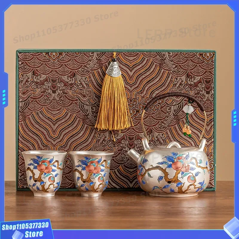 999 Liu Yin Light Luxury Kung Fu Tea Set Persimmon Ruyi Lifting Beam Pot One Pot Two Cups Exquisite High End Souvenir Gift