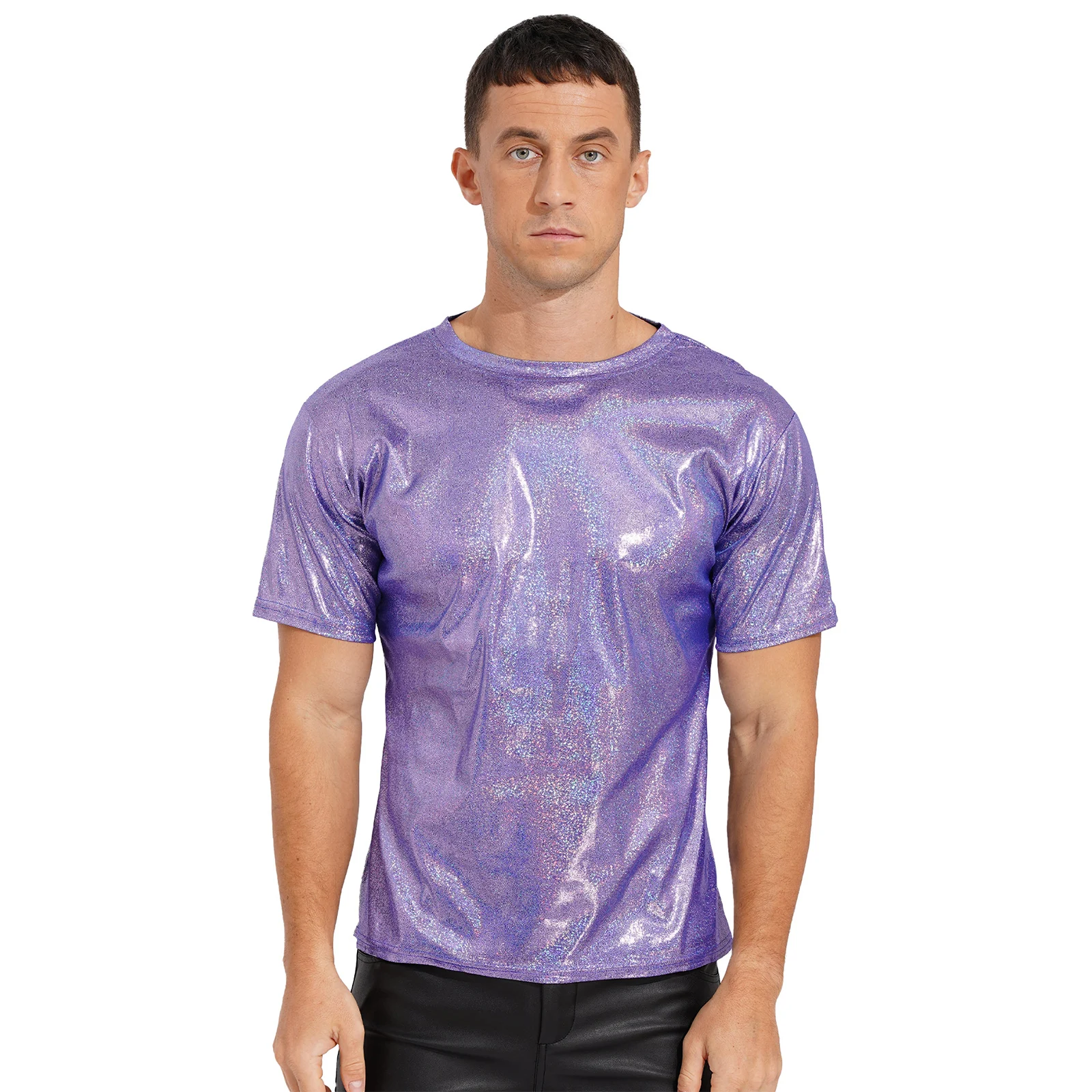 Mens Fashion Shiny Short Sleeve T-shirt Tops Casual Sparkling Round Neck Tees Tops Rave Festival Party Clubwear
