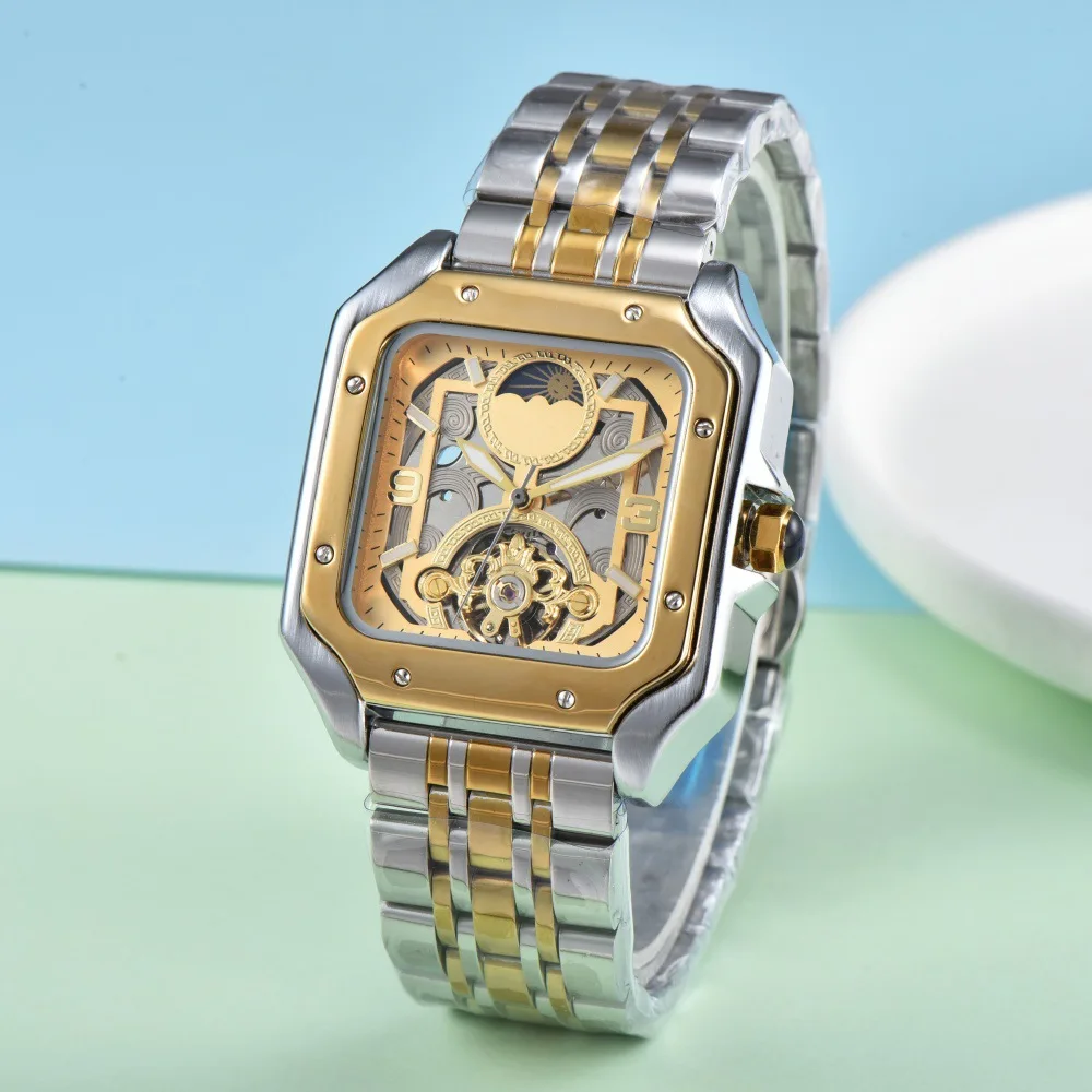Business Mechanical Watch with Square Light Luxury Skeleton Sun Moon Dial Waterproof Fold Clasp for Men