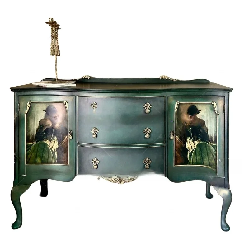 

French retro solid wood painted oil painting porch cabinet living room decorative cabinet household locker display cabinet