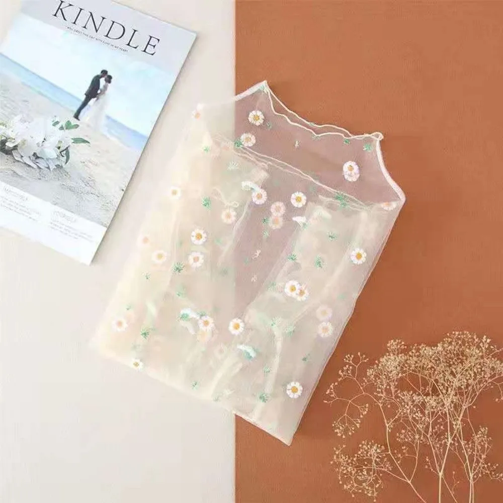 Mesh Fabric Daisy Embroidery Mesh Shirt Long Sleeve See Through Embroidery Inner Shirt Lace Flower Thin Material