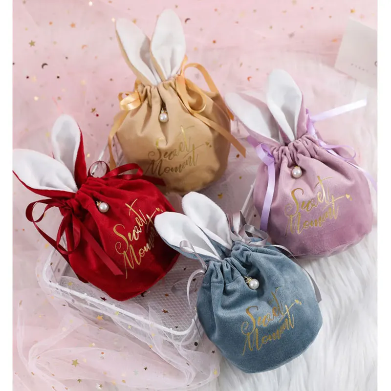 5PC Easter Rabbit Ears Velvet Gift Bag Packaging Candy Chocolate Bag Jewelry Organizer Sweet Moment Wedding Party Favors Pouches