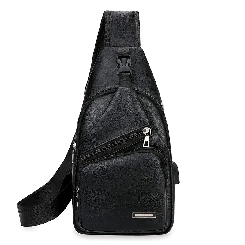 Bolso de pecho de PU para hombre, multifuncional, con carga USB, cierre de cremallera, bandolera, color sólido, sencillo, moderno y casual para el transporte diario.
