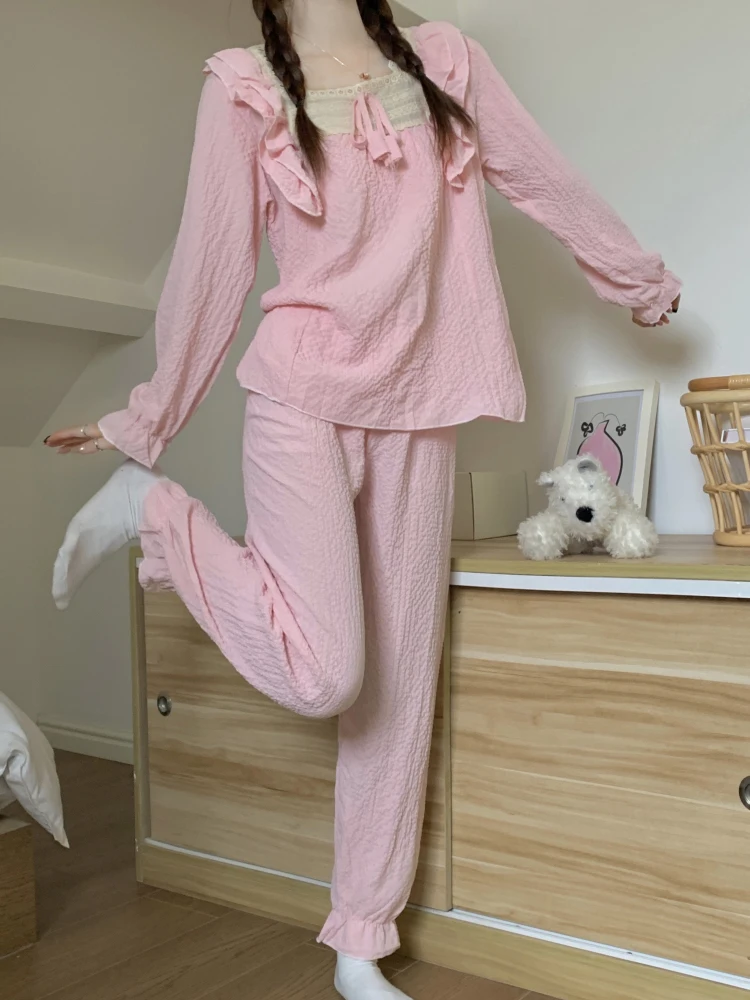 

Pajama Sets Square Collar Full Sleeve Pullover Pants Vintage Pink Suit 2 Piece Night Wears Home Clothes Autumn Sleepwear Women