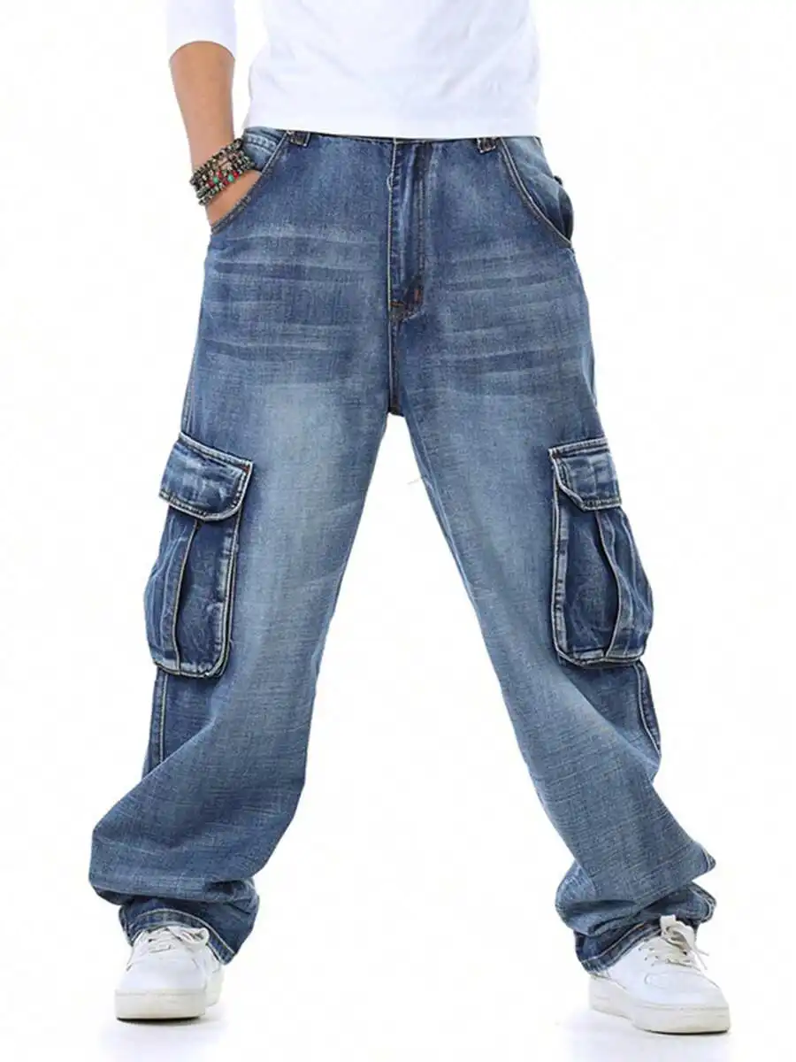 Mens Baggy Cargo Jeans Loose Fit Multi Pockets