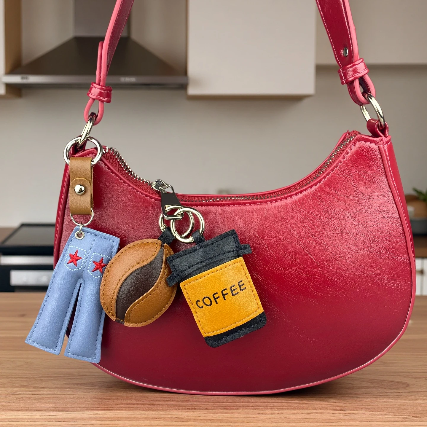 Vintage Lifestyle PU Leather Bag Charm, Everyday Casual Coffee Cup Baseball Rugby Denim Bear Pendant, Sporty Purse Accessory