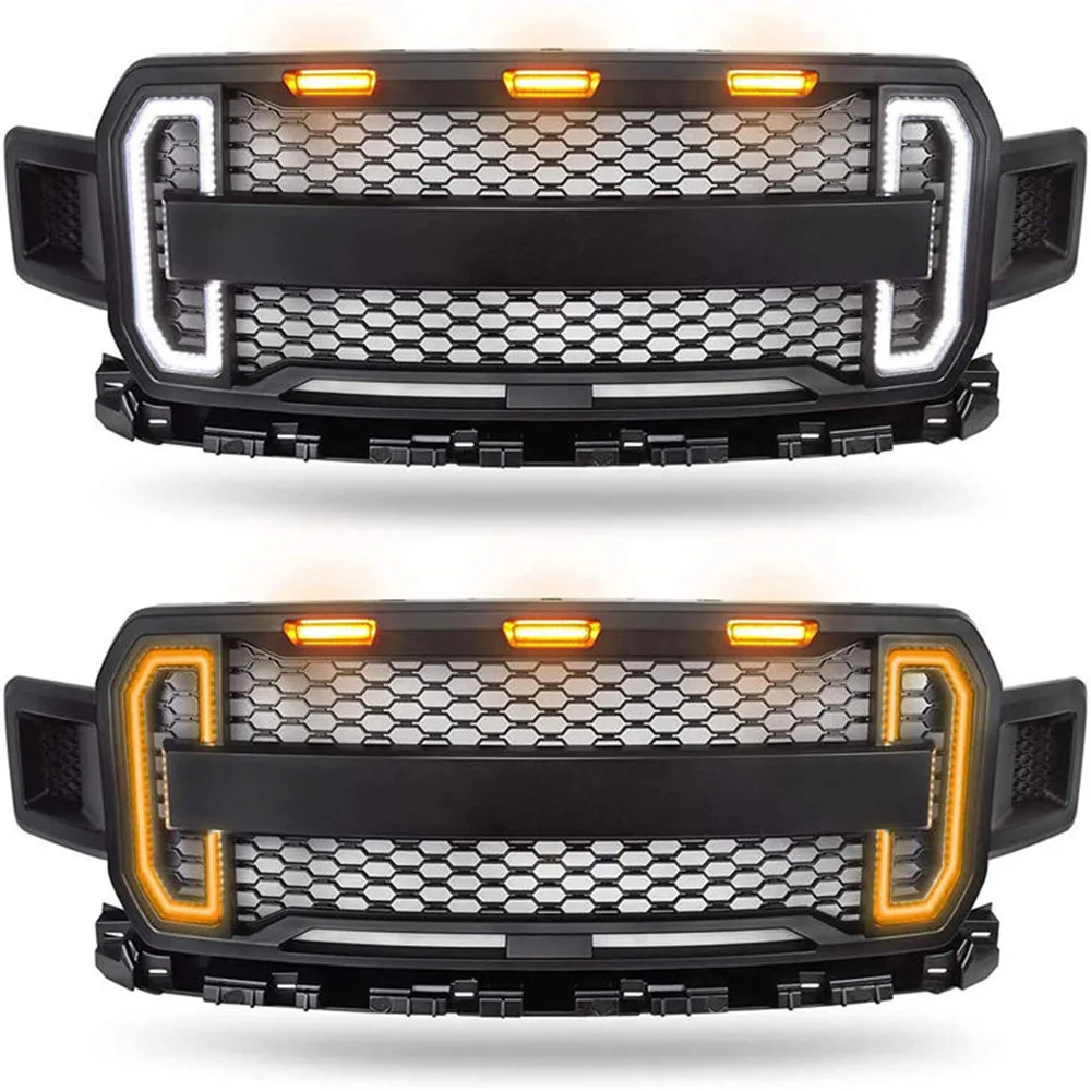 For Ford F150 2018~2020 Pickup Exterior Parts Raptor Style Front Car Grille With 3 Amber Lights And Switchback LED Turning