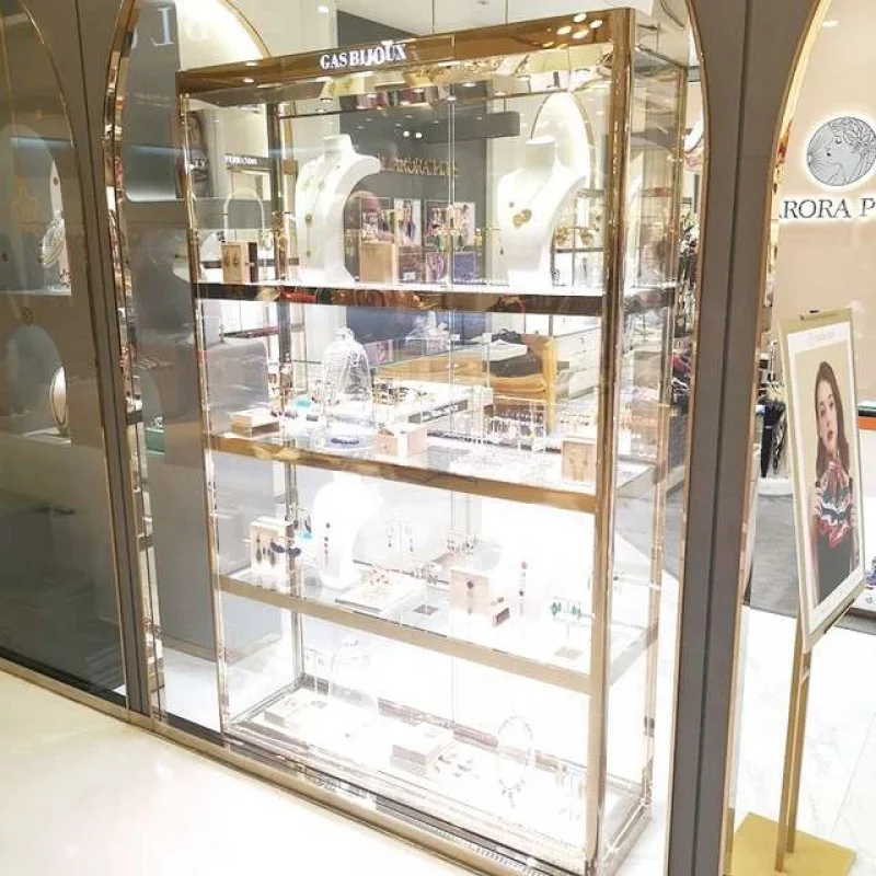 Custom, stainless steel jewelry shop window showcase with LED lighting gold display showcase for retail shop