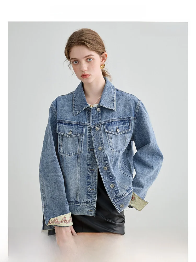 

Женская джинсовая куртка VEGA CHANG, весна 2026, свободный крой, дизайн с эффектом похудения, повседневный длинный воротник све