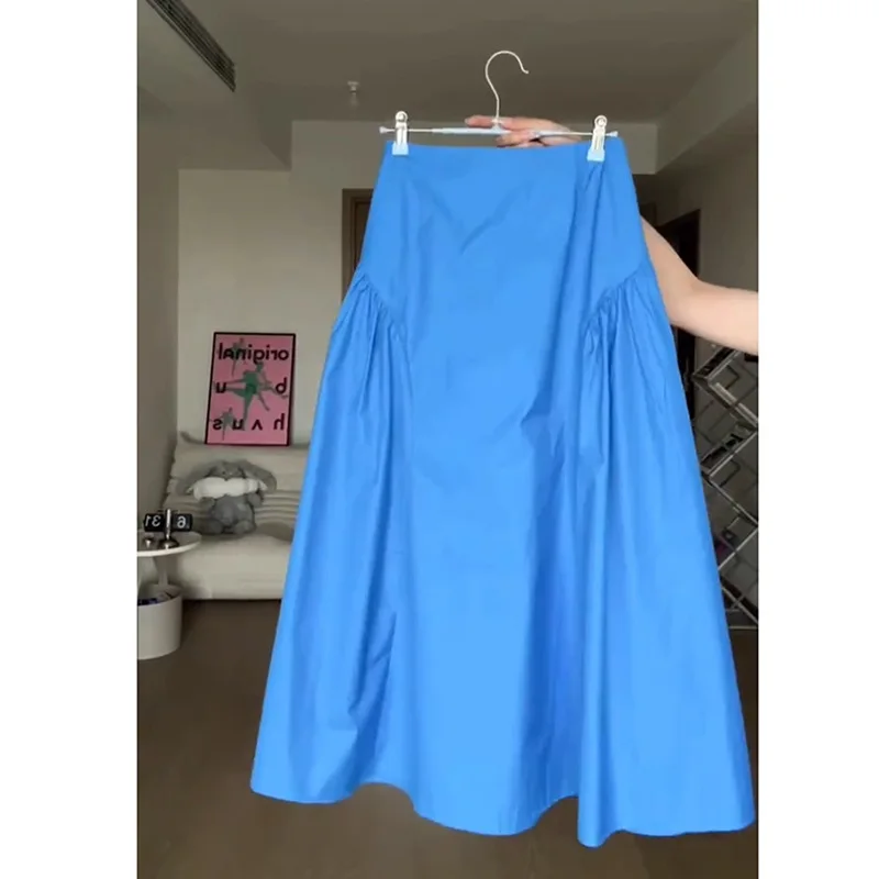 

Summer Pure Cotton Pocket Skirts High Elastic Waist Korean Casual A-line Midi Skirts