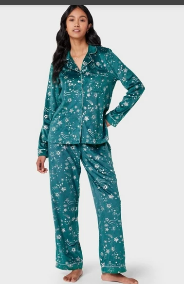 Women Christmas Pajama Set Turn-down Collar Long Sleeve Shirts Straight Long Pants Sleepwear Two Pieces Pants Set