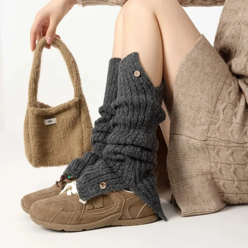 ​45cm Winter Wool Leg Warmers Women with Buttons Thick Fleece Lined Boot Cuffs Knit Yoga Socks Solid Color Stacked Boot Socks​