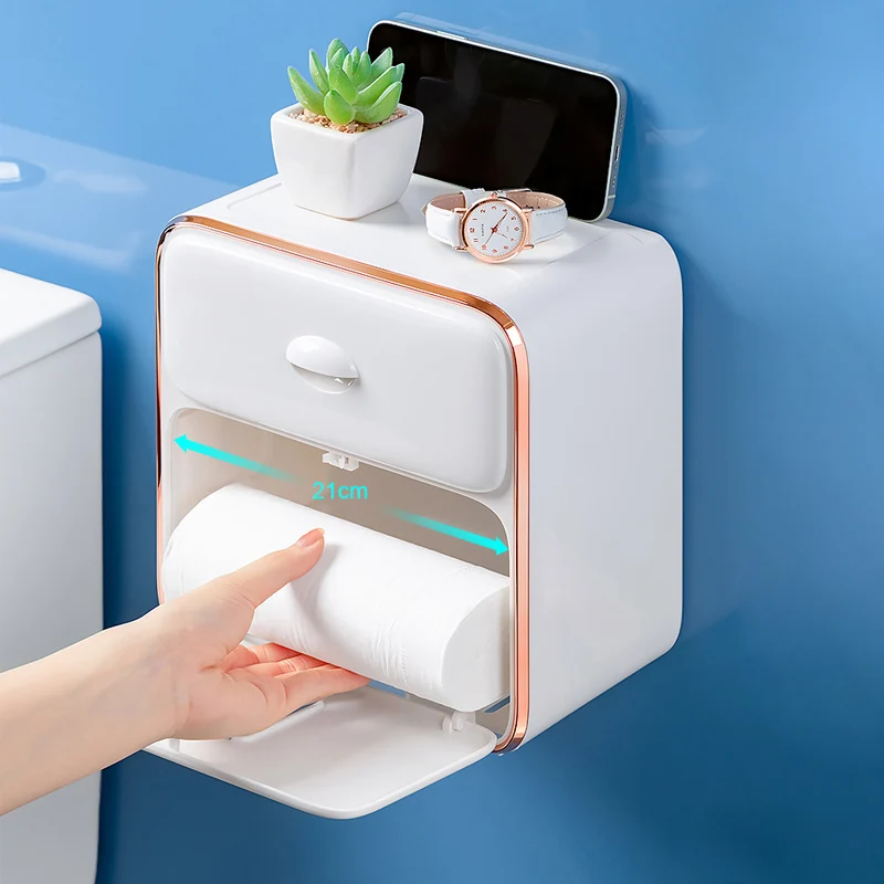 Multifunctional Bathroom Double Tissue Box Free Punch Roll Paper Storage Rack Kitchen Wall Hanging Drawer Type Tissue Holder