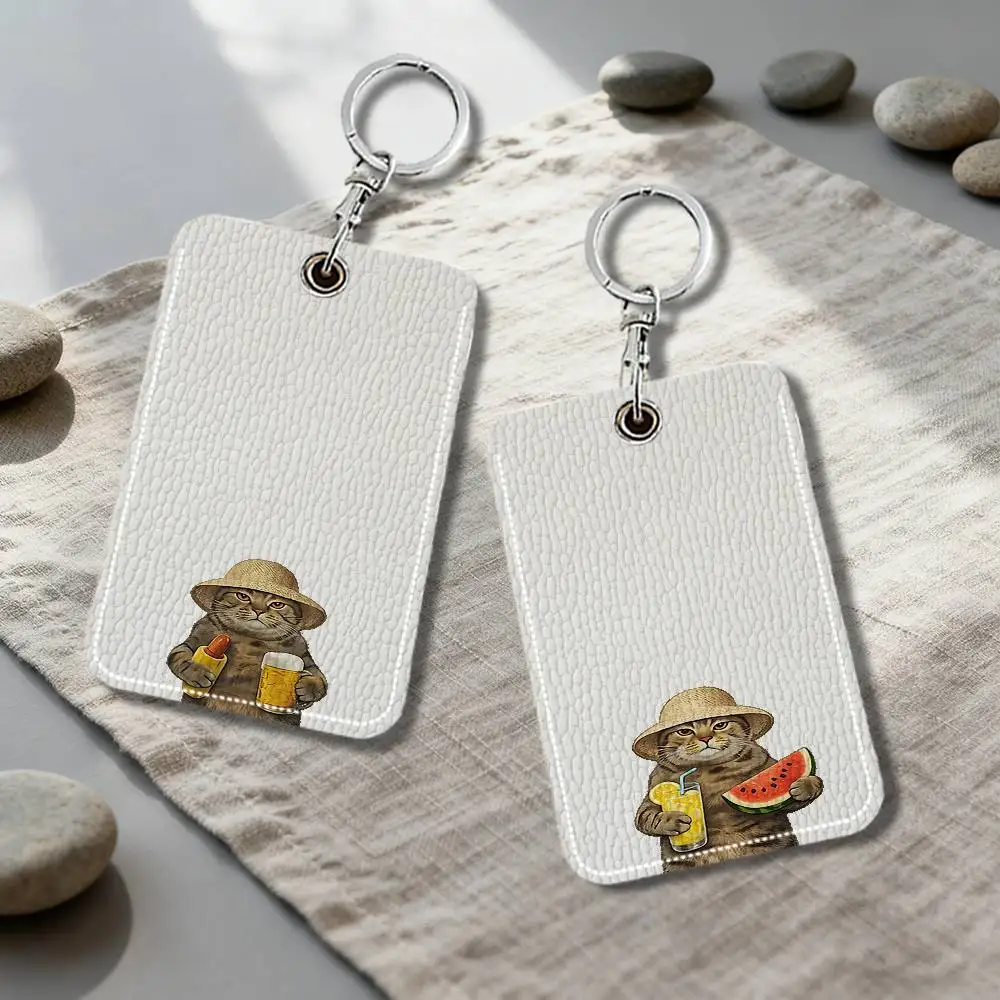 The Cat Wearing A Straw Hat Keyring Leather Access Card Holder Keychain Community Proximity Card Protective Case