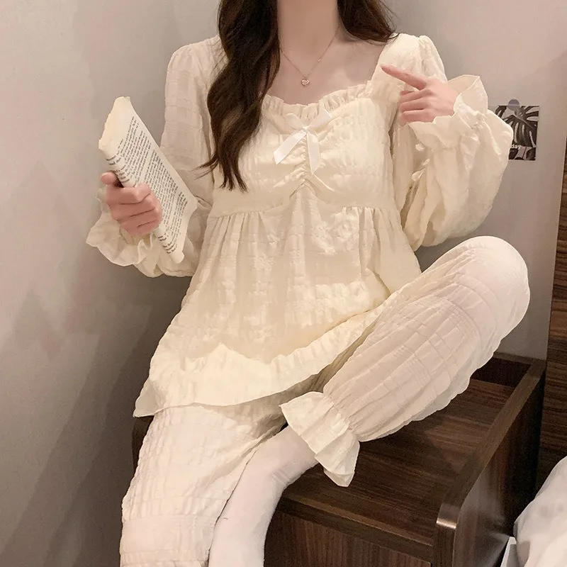 Damen Langarm-Hosen-Set mit Brustpolsterung Mädchen Spitzen-Pyjama Zweiteiliges Set Studenten-Hauskleidung Damen Freizeitkleidung