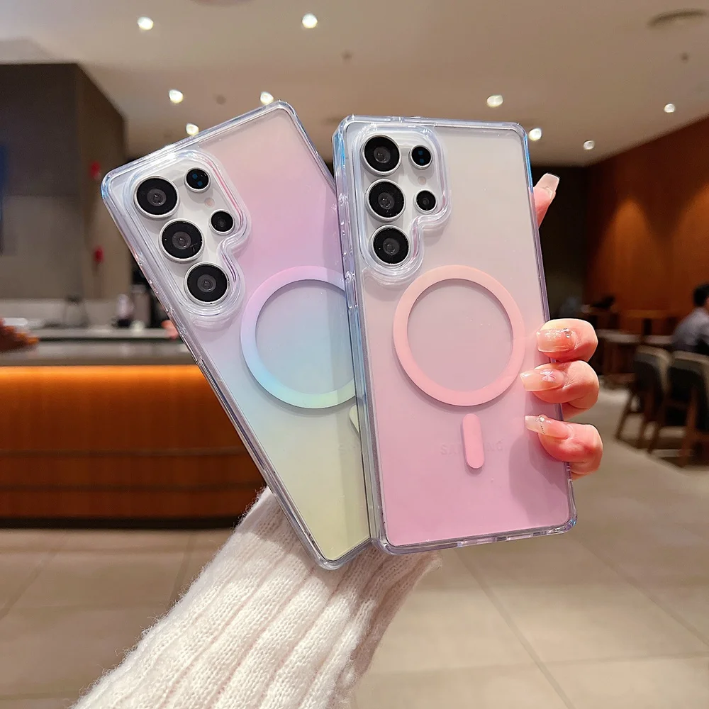 

Luxury Laser Gradient Color Clear Magsafe Phone Case For Samsung Galaxy S24 S25 Ultra S25+ S24+ Magnetic Charging Hard Cover
